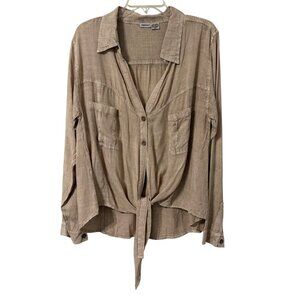 Raya Sun Linen-Cotton Beige Button-Up Tie-Front Shirt size XL blouse